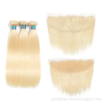 613 Blonde Straight Wave 100% Virgin Brazilian Human Hair Bundles Cuticle aligned HD Transparent Lace Frontal and Lace Closure